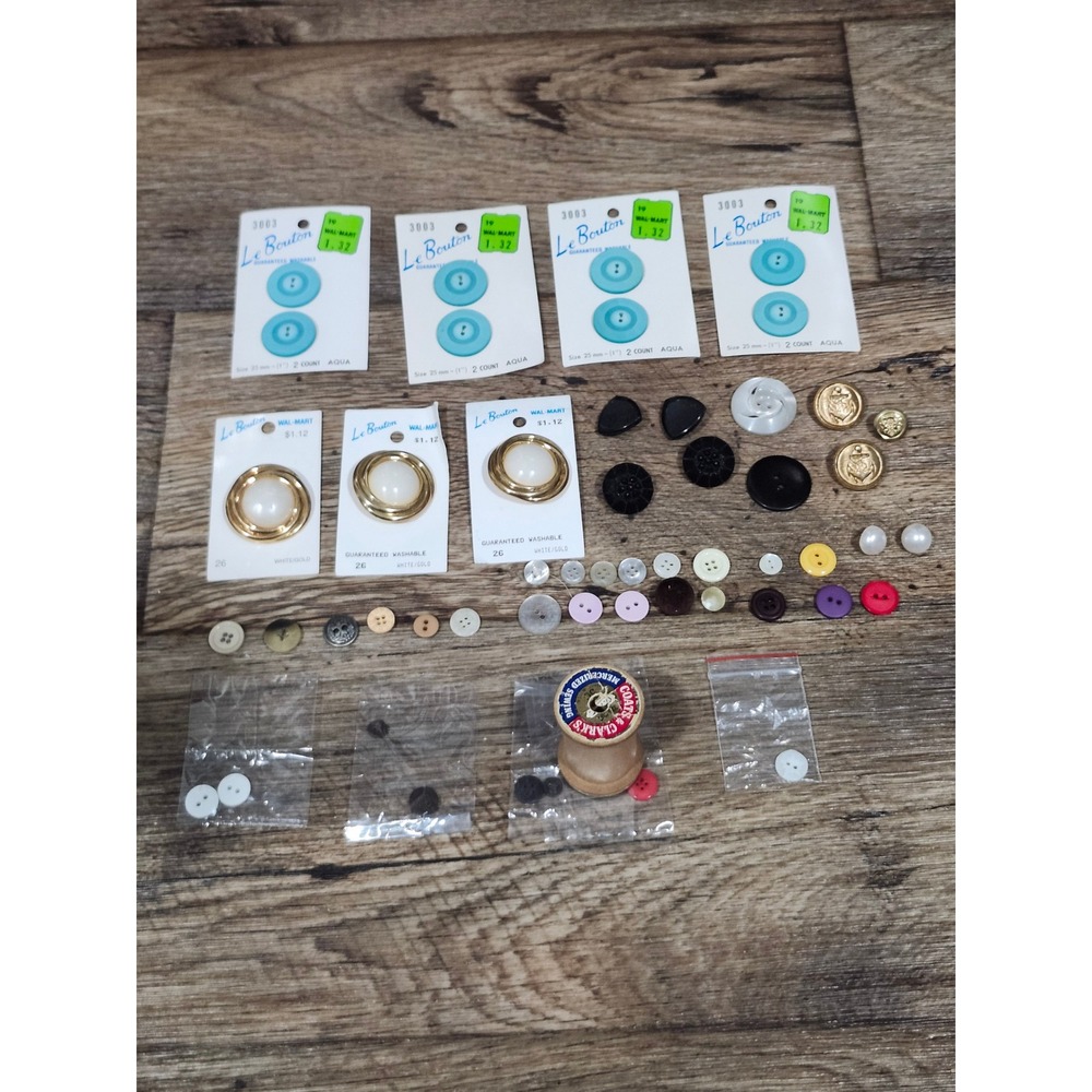 Vintage Le Bouton Sewing Button Lot Aqua Blue Gold White Mixed Assortment Spool